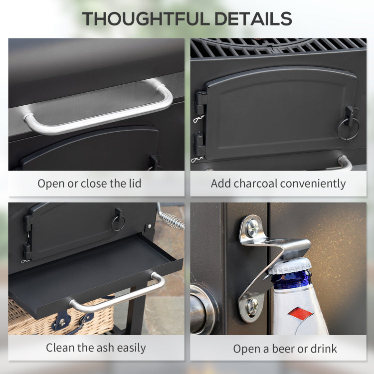 Outsunny Charcoal Grill, Bbq With Adjustable Height, Portable Barbecue With Folding Shelves, Thermometer, Bottle Opener & Wheels For Outdoor Camping, Picnic, Patio, Backyard, Black