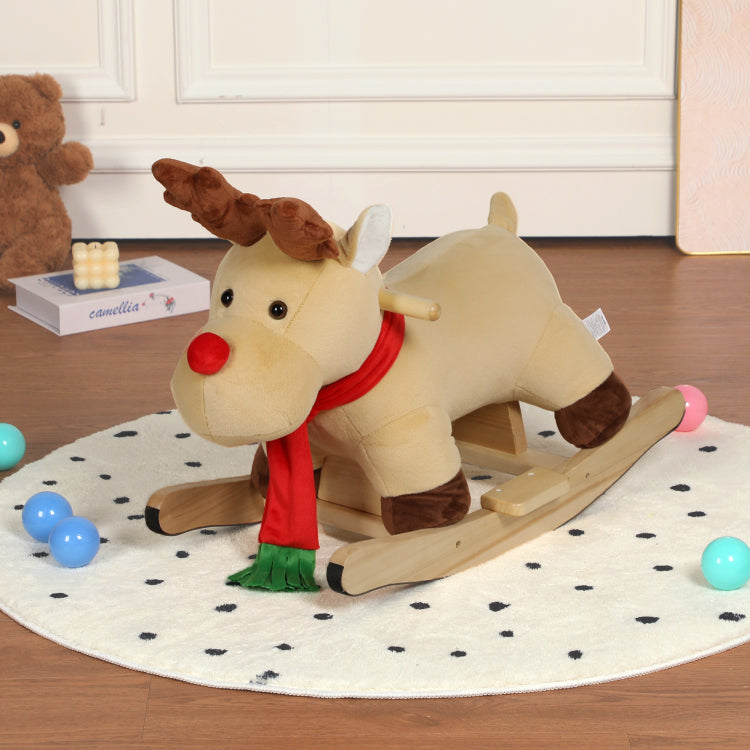 Kids Ride On Rocking Horse Toy With Jingle Bells,Moose Rocking Toy With Hand Puppets And Safety Belt For Children 1 3 Years,Soft Plush Fabric,Apricot,Cpc Certified