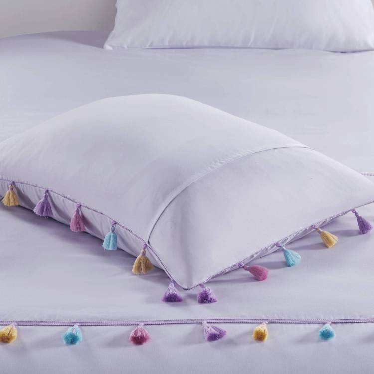 3 Pcs Twin Tassel Comforter Set With Heart Shaped Throw Pillow Lavender