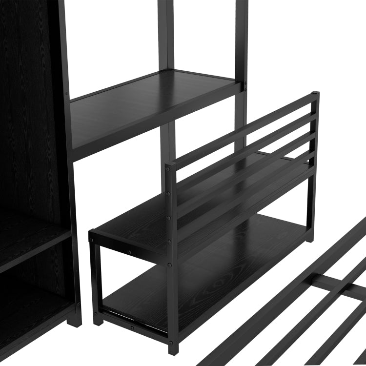 Queen Over Queen Size Bunk Bed Frame With Built In Wardrobe, Metal Bunk Bed With Desk And Storage Chairs, Black