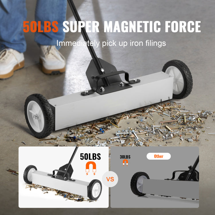 50Lbs Rolling Magnetic Sweeper With Wheels, Push Type Magnetic Pick Up Sweeper, 24 Inch Large Magnet Pickup Lawn Sweeper With Telescoping Handle, Easy Cleanup Of Workshop Garage Yard