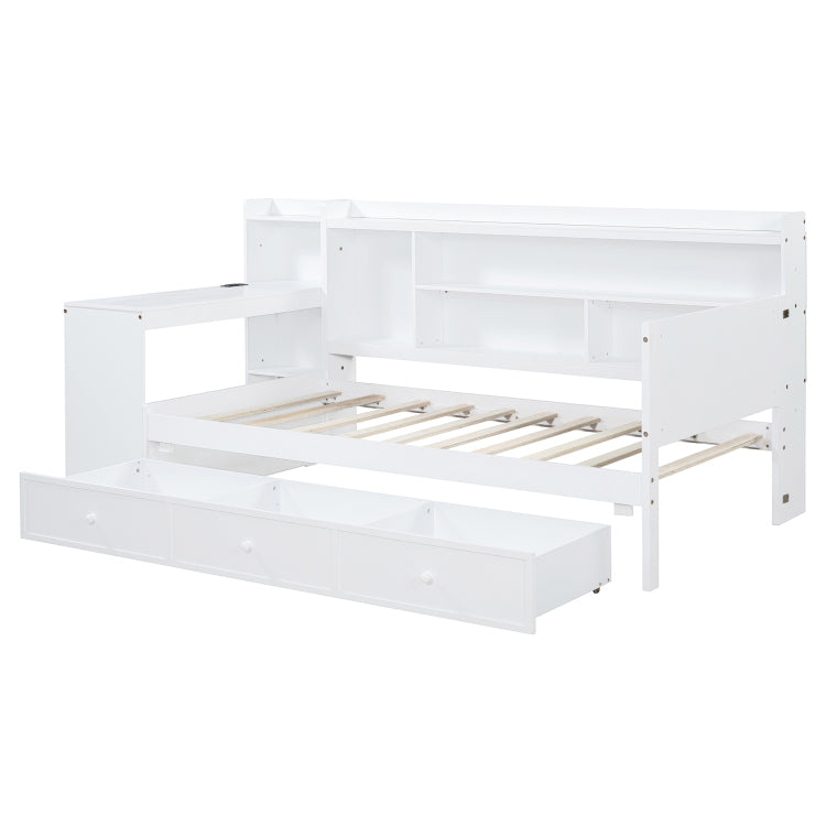 Twin Size Wooden Daybed With 3 Drawers, Usb Ports And Desk , White