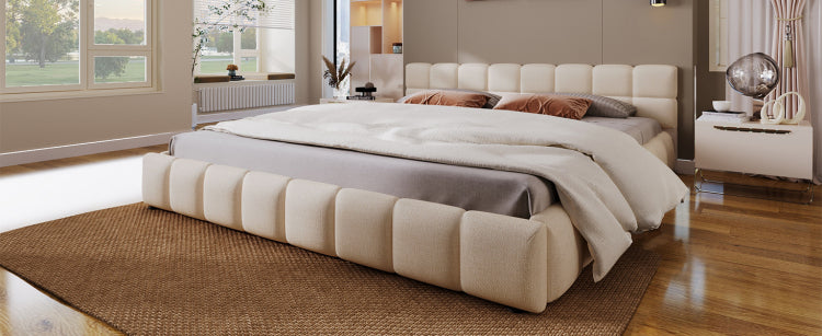 Elegant Beige Chenille Upholstered Bed With Checkerboard Design, King, Beige