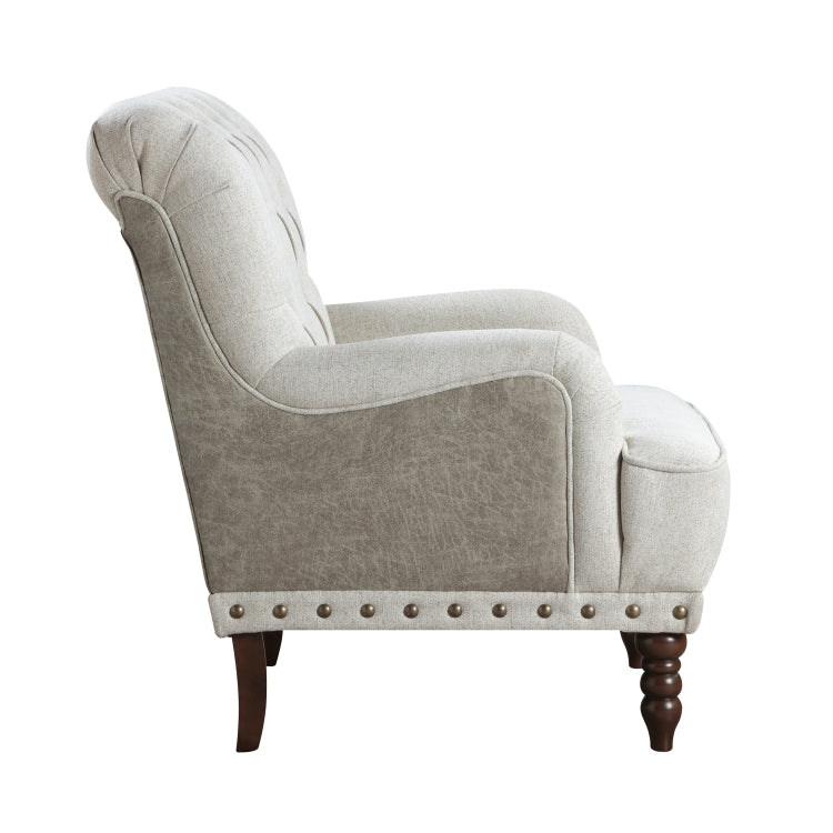 1Pc Beige Accent Chair Button Tufted Solid Wood Nailhead Trim Fabric Upholstery Luxury Living Room Furniture