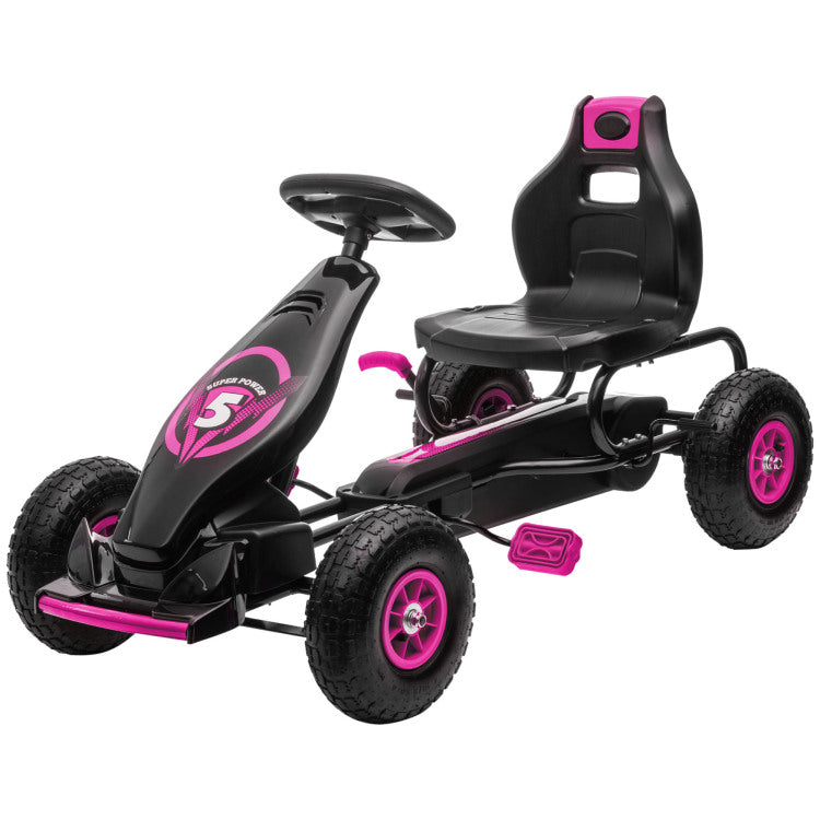 Aosom Kids Pedal Go Kart Ride On Toy With Ergonomic Comfort, Pedal Car With Tough, Wear Resistant Tread, Go Cart Kids Car For Boys & Girls With Suspension System, Safety Hand Brake, Ages 5 12, Pink