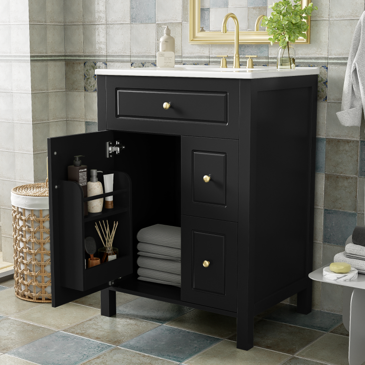 24 Inch Bathroom Vanity With Ceramic Sink, 1 Soft Close Door, 2 Soft Close Drawers, And Double Storage Racks On The Door