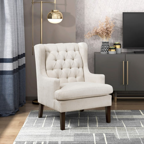 1Pc Accent Chair Button Tufted Beige Fabric Upholstery Foam Cushion Seat Living Room Furniture