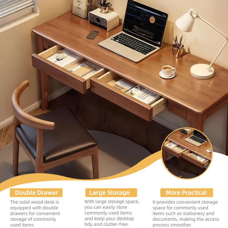 Solid Wood Desk With Drawers, Standing Desk With Smooth Edges, Home Office Desk For Small Spaces, Mid Century Modern Desk For Study, Bedroom, Living Room, Office, Walnut, 47.24''*21.65''*29.53''