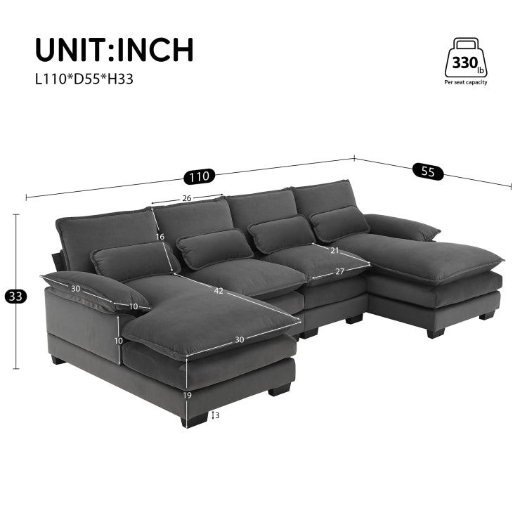 109.8*55.9" Modern U Shaped Sectional Sofa With Waist Pillows,6 Seat Upholstered Symmetrical Sofa Furniture,Sleeper Sofa Couch With Chaise Lounge For Living Room,Apartment,5 Color