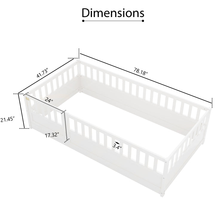 Twin Size Floor Bed, Integral Construction With Super High Security Barrier, Door, Children'S Floor Bed Frame, Montessori Wooden Children'S Floor Bed, White Patented Model