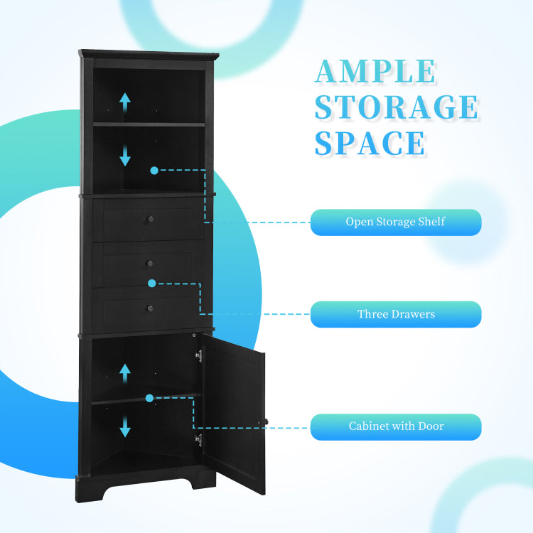 Black Triangle Tall Cabinet With 3 Drawers And Adjustable Shelves For Bathroom, Kitchen Or Living Room, Mdf Board With Painted Finish Wf306469Aag Color