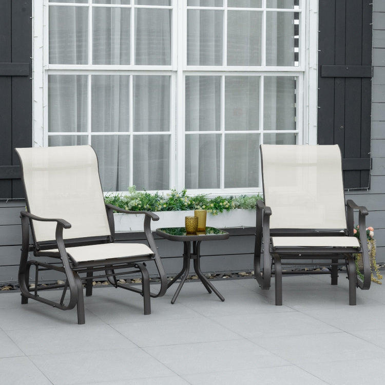 Outsunny 3 Piece Outdoor Gliders Set Bistro Set With Steel Frame, Tempered Glass Top Table For Patio, Garden, Backyard, Lawn, Cream White