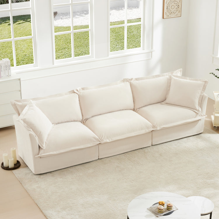 Slipcovered Sofa Couch, Modern 3 Seater Sofa With Suppleness Armrests, Chenille Fleece Deep Seat Sofa With Soft Multiple Big Pillows, Comfy Couch For Living Room, Apartment,Chenille Fabric, Cream