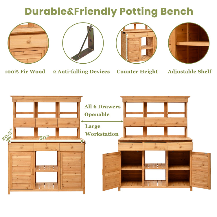 Assembly 65.7'' H Tall Garden Potting Bench Table With Hutch,Patio Storage Workstation With 3 Shelves,6 Drawers,2 Bottom Cabinets&Side Hooks For Mudroom,Doorway, Natural
