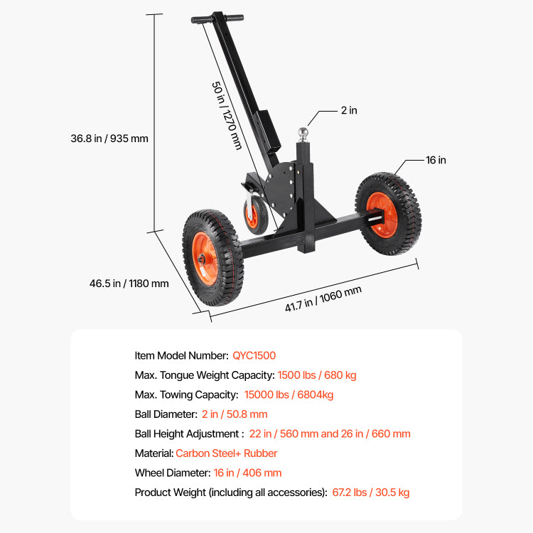 1500Lbs 2 In 1 Trailer Dolly 22 And 26 In Adjustable Height 2In Ball With Caster