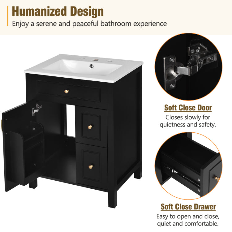 24 Inch Bathroom Vanity With Ceramic Sink, 1 Soft Close Door, 2 Soft Close Drawers, And Double Storage Racks On The Door