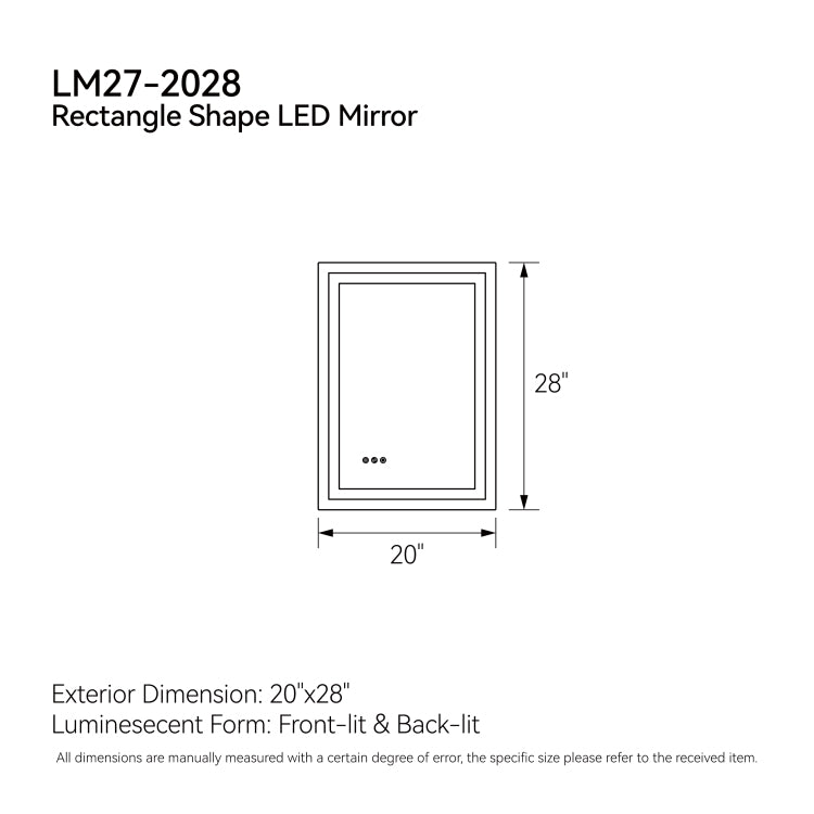 20"*28"Led Bathroom Mirror,Front Lit And Back Lit, Stepless Dimmable, 3 Colors Cri90 , Brightness Memory, Shatter Proof,Anti Fog Led Vanity Mirror, Ip44 Waterproof