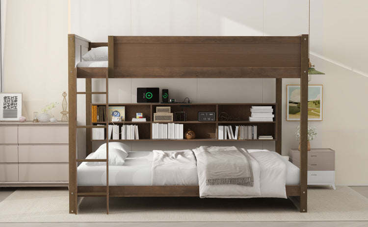 Queen Over Queen Bunk Bed With Storage Cabinets And Usb Ports, Antique Wood Color