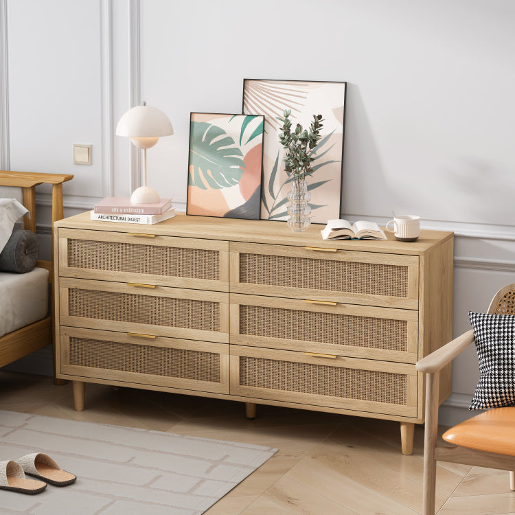 59.06"6 Drawers Rattan Storage Cabinet Rattan Drawer With White Drawer Slides,For Bedroom,Living Room,Natural