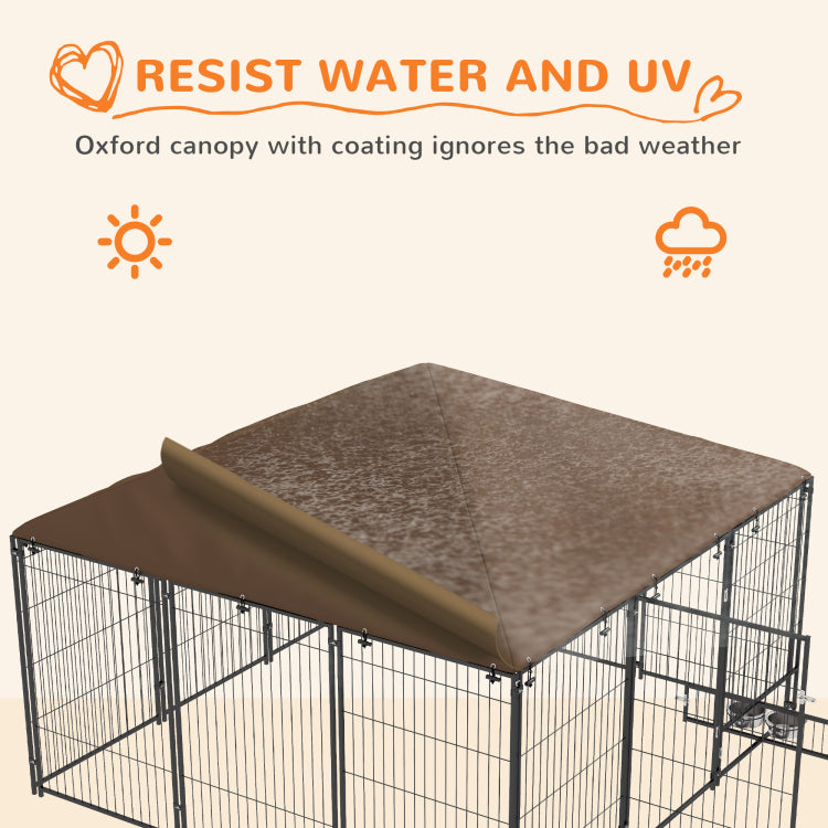Pawhut Outside Dog Kennel, 6.9' X 6.9' X 5' Puppy Play Pen With Canopy, Garden Playpen Fence Crate Enclosure Cage Rotating Bowl, Coffee