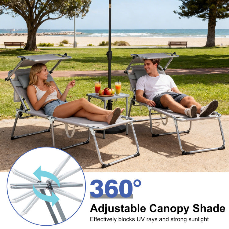 Folding Lounge Chair With Canopy, Pool Chair, Patio Sun Tanning Chair, Outdoor Reclining Chair With Position Adjustable Backrest, Mesh Seat, Suitable For Beach. Gray, 2 Pcs