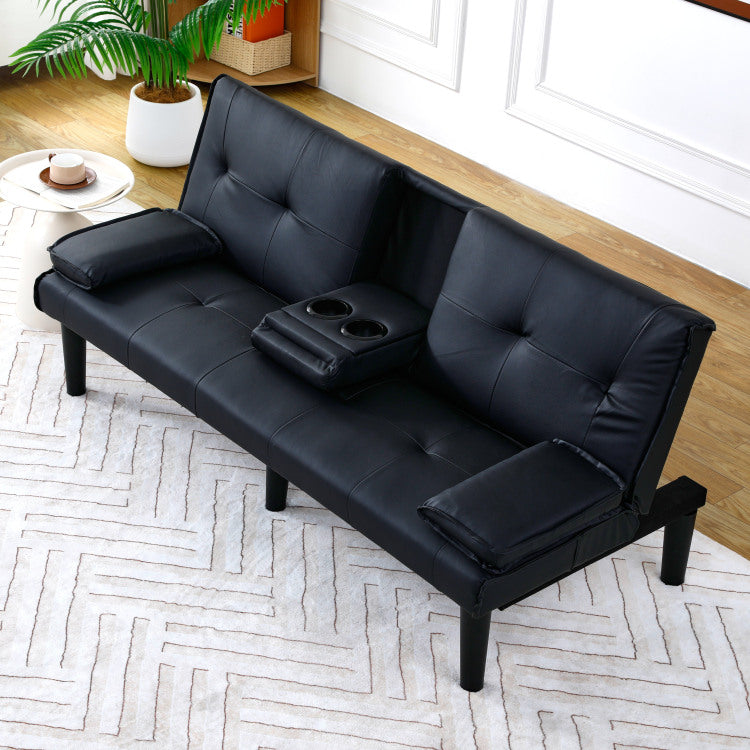 The 67 Inch Black Pvc Multi Functional Sofa Bed With A Foldable And Cup Holder Design Makes It Extremely Convenient To Turn The Living Room Into A Guest Room