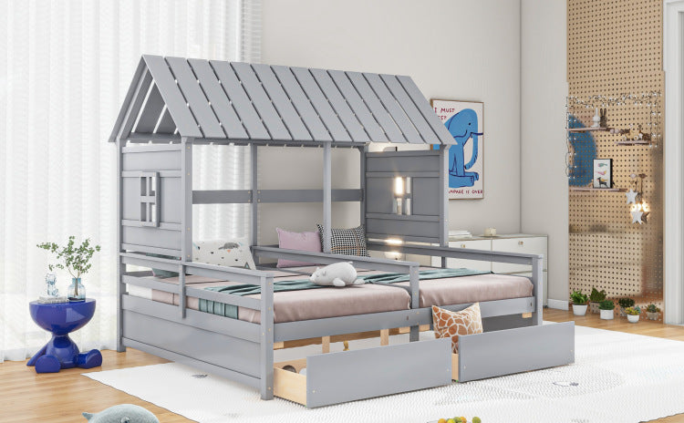 Twin Size House Platform Beds With Two Drawers For Boy And Girl Shared Beds, Combination Of 2 Side By Side Twin Size Beds, Gray