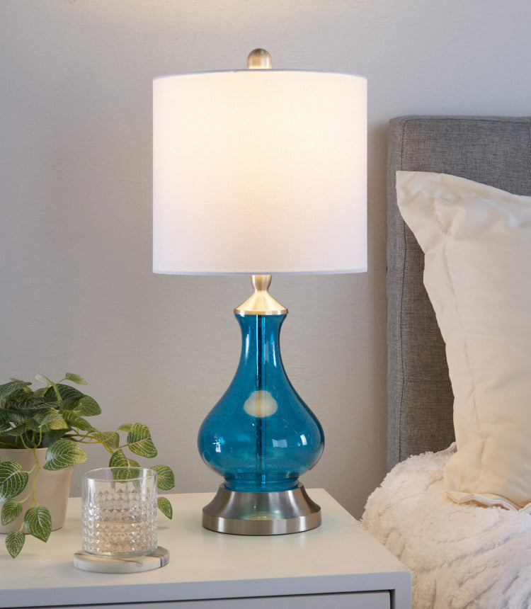 Jasmine 22" Contemporary Glass Accent Lamp In Clear Sapphire Blue Seeded Glass, Brushed Nickel And White Linen Shade