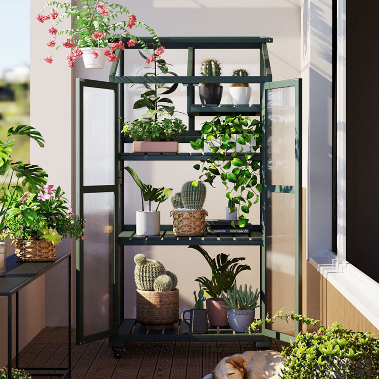 62Inch Height Wood Large Greenhouse Balcony Portable Cold Frame With Wheels And Adjustable Shelves For Outdoor Indoor Use, Forest Green