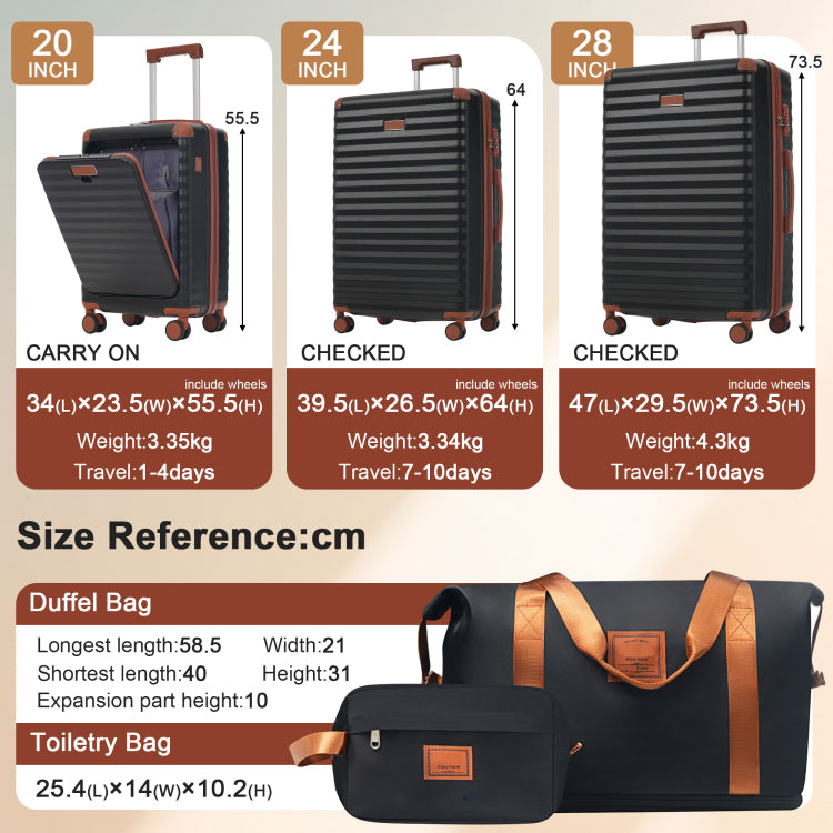 Luggage Sets 5 Piece With Front Opening , Hardside Expandable Carry On Suitcase With Spinner Wheels Tsa Lock Usb Port Cup Holder Duffel Bag And Toiletry Bag