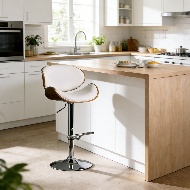 Modern Contemporary Swivel Walnut Bentwood Lift Adjustable Height Bar Stool With Curved Seat And Back White