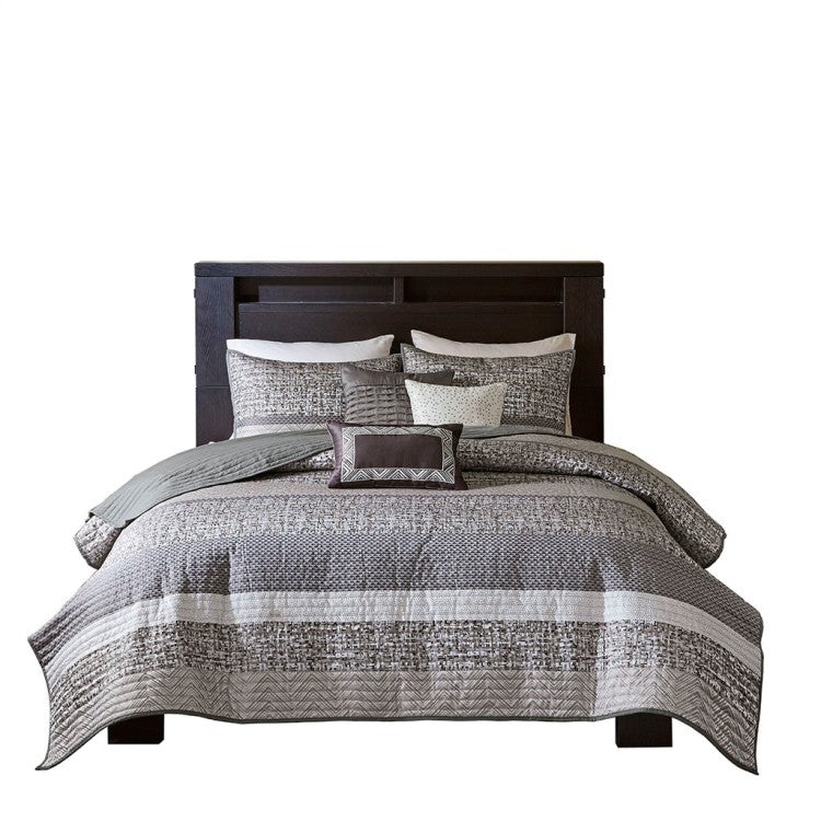 6 Piece Reversible Jacquard Quilt Set With Throw Pillows Grey Taupe Full Queen