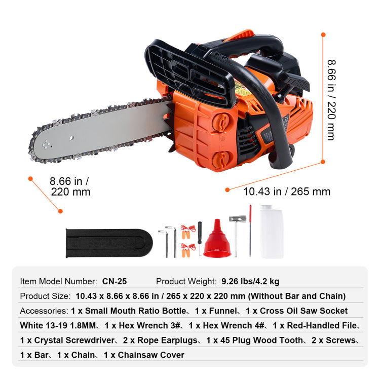 25.4Cc 12" Gasoline Chainsaw Powered Wood Cutting Engine Gas Chain Saw