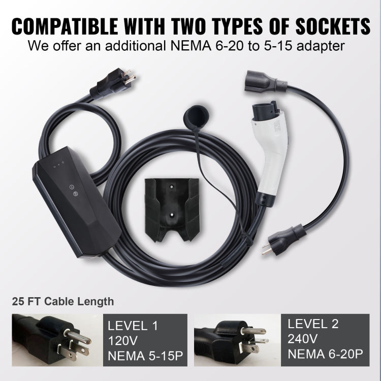 Level 1 2 Portable Ev Charger, 16 Amp 120V Or 240V, Electric Vehicle Charger With 28 Foot Charging Cable Nema 6 20P Plug Nema 5 15 Adapter, Plug In Home Ev Charging Station For Sae J1772 Evs