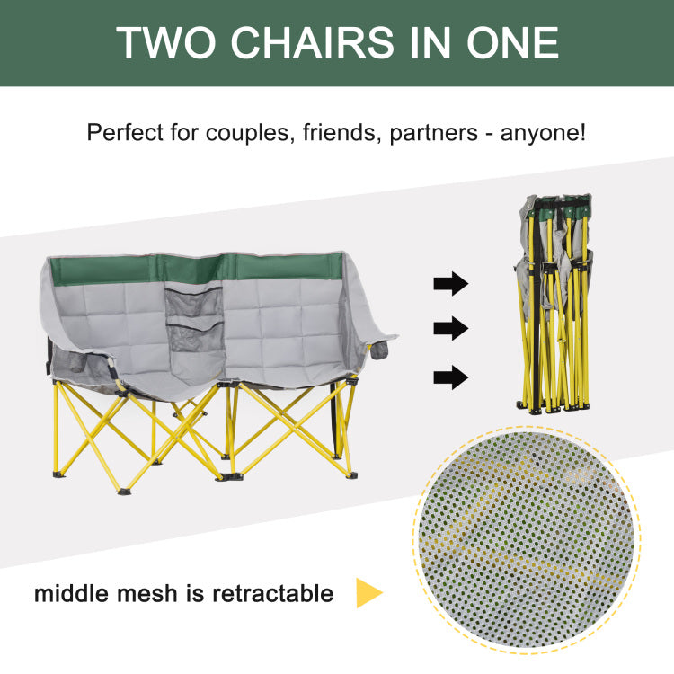 Outsunny Loveseat Style Camping Chair, Oversized Folding Lawn Chair With Carry Bag & Cup Holders, For Outdoor, Beach, Picnic, Hiking, Travel, Green & Gray