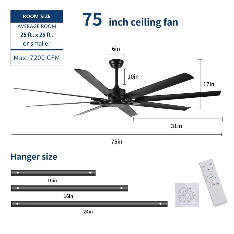 75 Inch Industrial Dc Motor No Light, Large With 8 Reversible Blades, 3 Downrods, 6 Speed Remote Control, Home Or Commercial S For Porch Garage Shop, Black