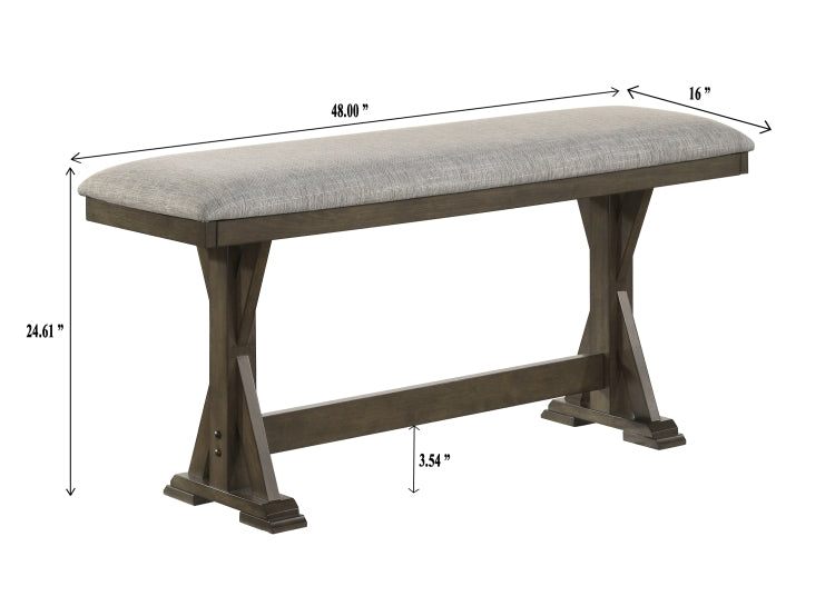 1Pc Rustic Upholstered Counter Height Dining Bench Rich Wood Finish Wooden Dining Room Furniture Brown