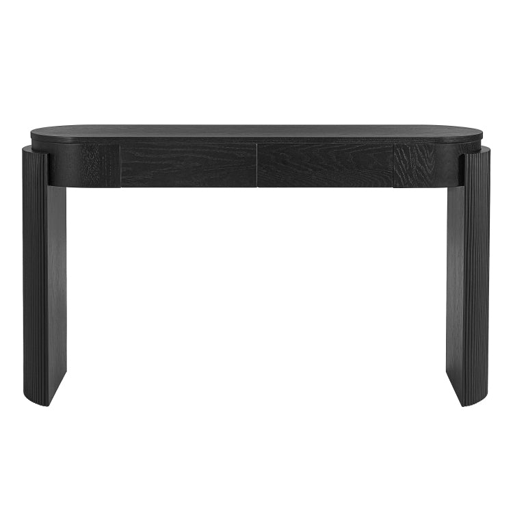 Entryway Table With Natural Wood Grain Finish, Console Table With Fluted Design, Oval Top And 2 Drawers For Entryway And Living Room Black