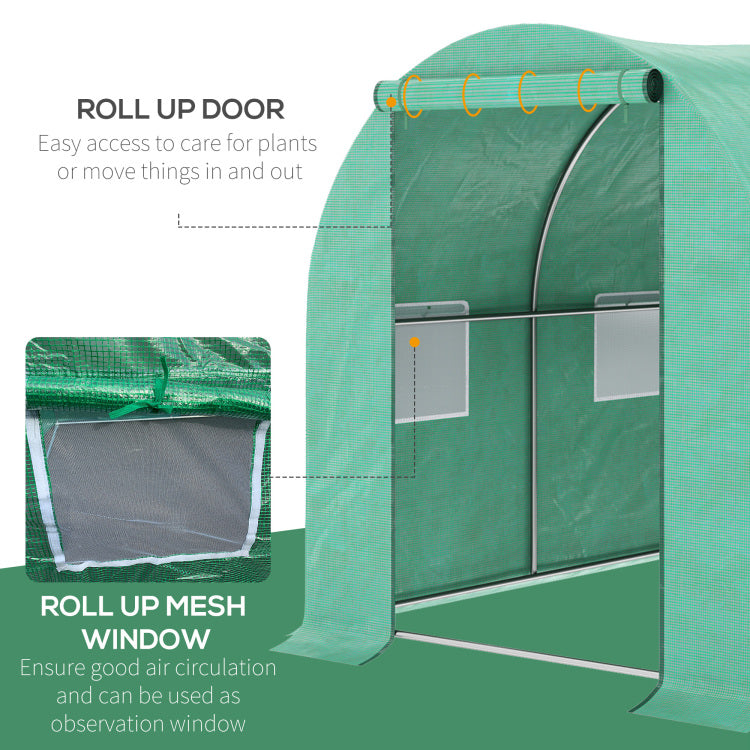 Outsunny 15' X 7' X 6.5' Walk In Tunnel Hoop Greenhouse, Green House With Polyethylene Pe Cover, Steel Frame, Roll Up Zipper Door & Windows For Flowers, Vegetables, Tropical Plants, Green