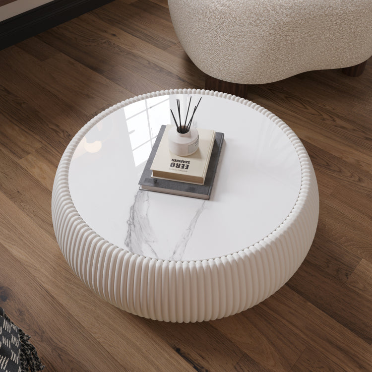 Light Sintered Stone Top Drum Shape Leather Coffee Modern Sofa Table For Living Room Furniture Each Tabletop Has A Unique Grey Pattern