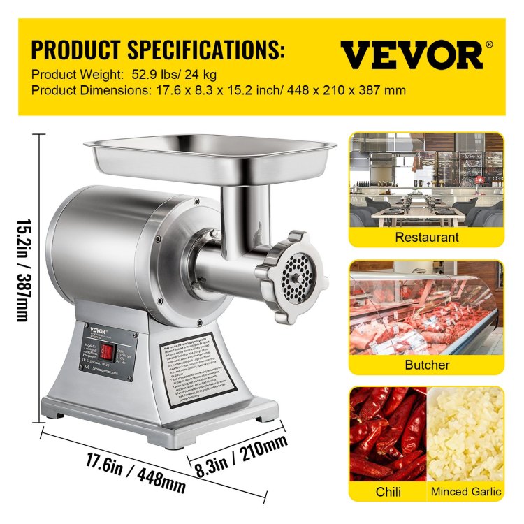 Commercial Meat Grinder,550Lb H 1100W Electric Meat Grinder, 220 Rpm Heavy Duty Stainless Steel Industrial Meat Mincer W 2 Blades, Grinding Plates & Stuffing Tubes