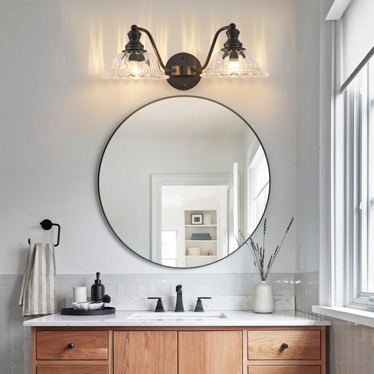 20 Inch 2 Light Vintage Bathroom Wall Sconce Elegant Black Metal And Glass Lampshade Vanity Light Fixture For Bathroom, Hallway, Or Bedroom Bulb Not Included