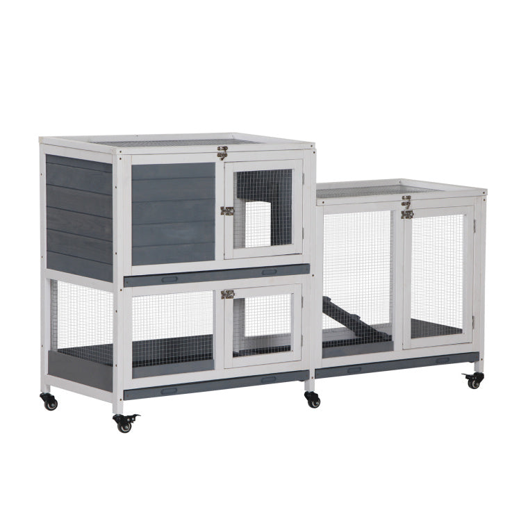 Pawhut Wooden Rabbit Hutch Bunny Hutch Elevated Pet House Cage Small Animal Habitat With No Leak Tray Lockable Door Openable Top For Indoor 57.75" X 18" X 32.5" Grey