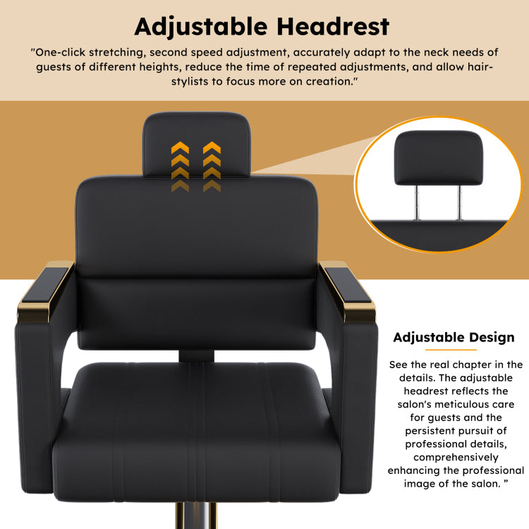 Professional Hydraulic Barber Chair 360 Swivel With Adjustable Height, Stainless Steel Armrests & Reclining Backrest For Salon & Barber Shop Black Gold Single Pack