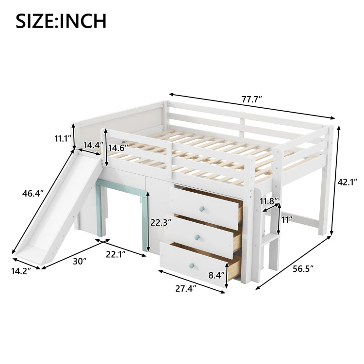 Full Size Low Loft Bed With Slide,Three Storage Drawers And Two Doors,White