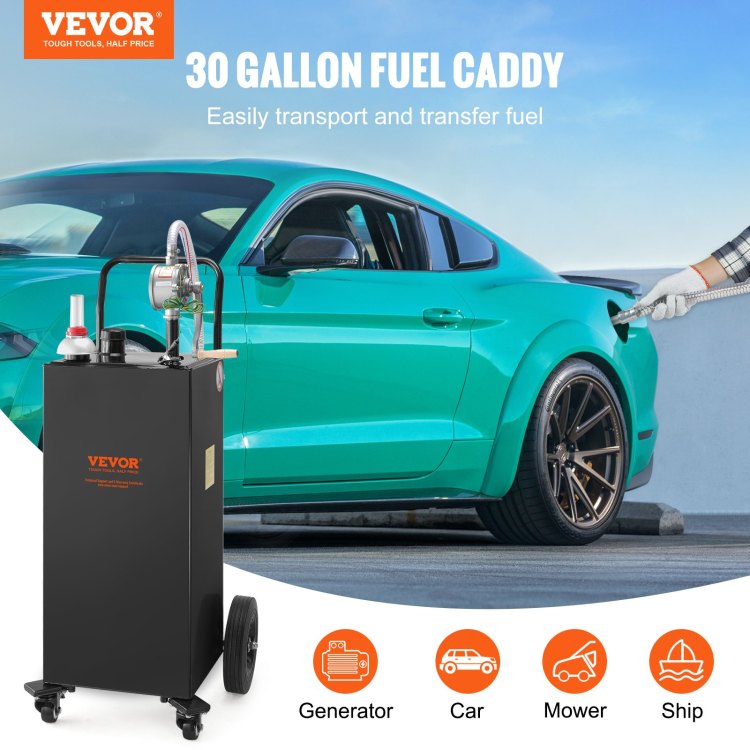 30 Gallon Fuel Caddy, Gas Storage Tank & 4 Wheels, With Manuel Transfer Pump, Gasoline Diesel Fuel Container For Cars, Lawn Mowers, Atvs, Boats, More, Black