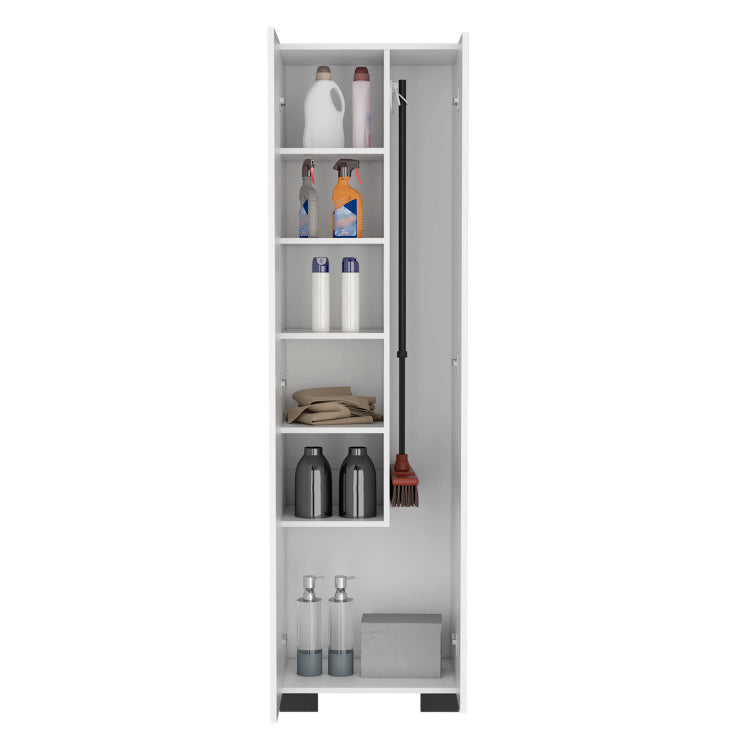 Lake Broom Cabinet Slim Design Storage Solution With Inner Shelves And Side Broom Hangers White