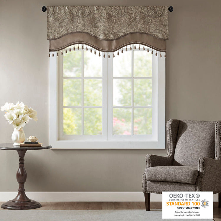 Jacquard Window Rod Pocket Valance With Beads Blue Brown 50X18"