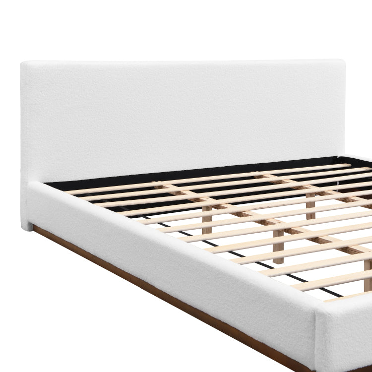 Elegant White Fabric Upholstered Bed With Nice Wood Grain Textured Brown Solid Wood Base Frame,White,King
