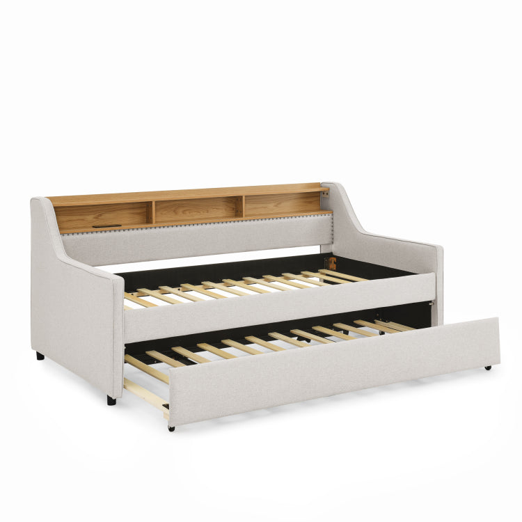 Twin Size Upholstery Sofa Bed With Three Led Lights, With Storage Adjustable Headboard, With Foldable Leg Pull Up Trundle Bed And Wireless Charging, Linen Padded Sofa Bed Frame, Beige